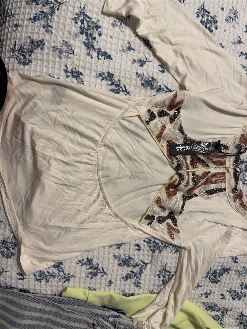 Buckle Cream Long Sleeve Tee with Sequin Multi-Color Embellishment